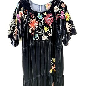 Johnny Was Velvet Dress Womens Large Blue Raglan Tiered Floral Boho Artsy